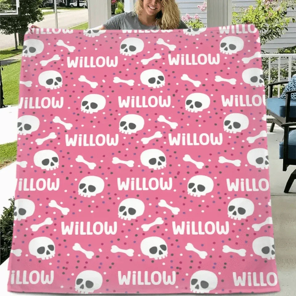 Cute Halloween Name Blanket, Personalized Pink Skull Blanket - Joliny