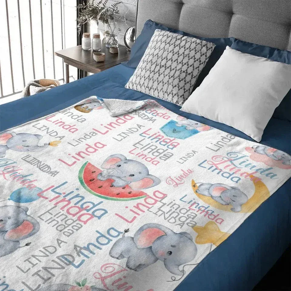Cute Little Elephant Children's Name Customized Blanket Birthday Gift Christmas Gift - Joliny