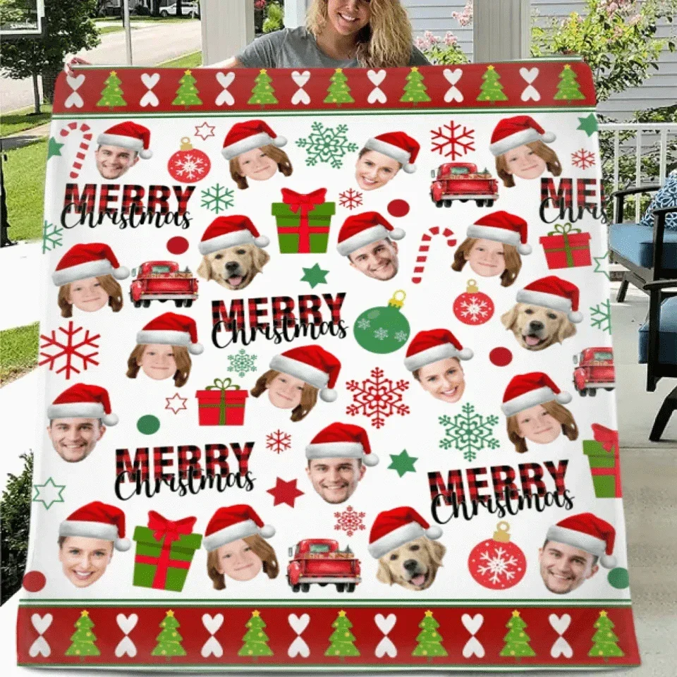Family Customized Photo Christmas Themed Blanket - Warm Christmas Personalized Family Member Photo Soft Flannel Blanket - Christmas Gift For Family - Joliny
