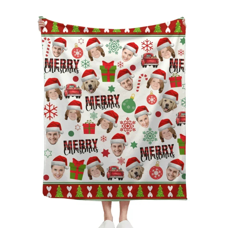 Family Customized Photo Christmas Themed Blanket - Warm Christmas Personalized Family Member Photo Soft Flannel Blanket - Christmas Gift For Family - Joliny