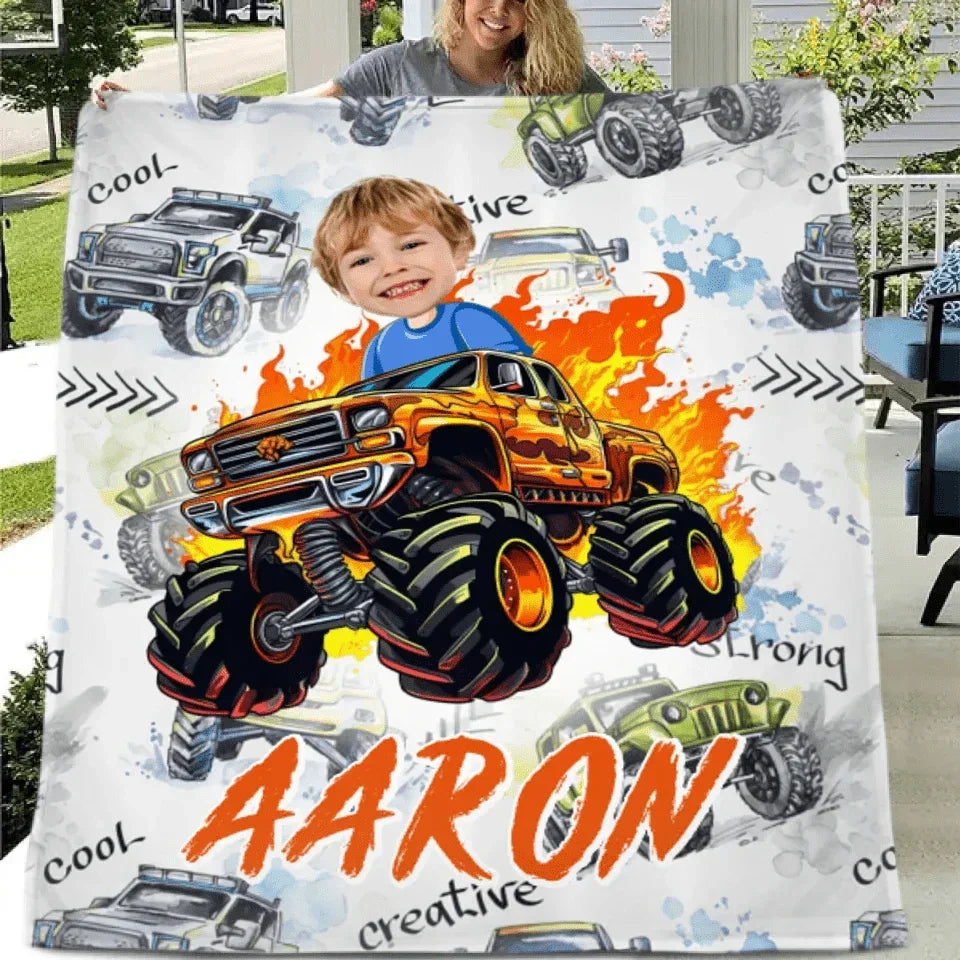 Flame Truck - Customized Name Face Kids Blanket - Gift for Kids - Joliny