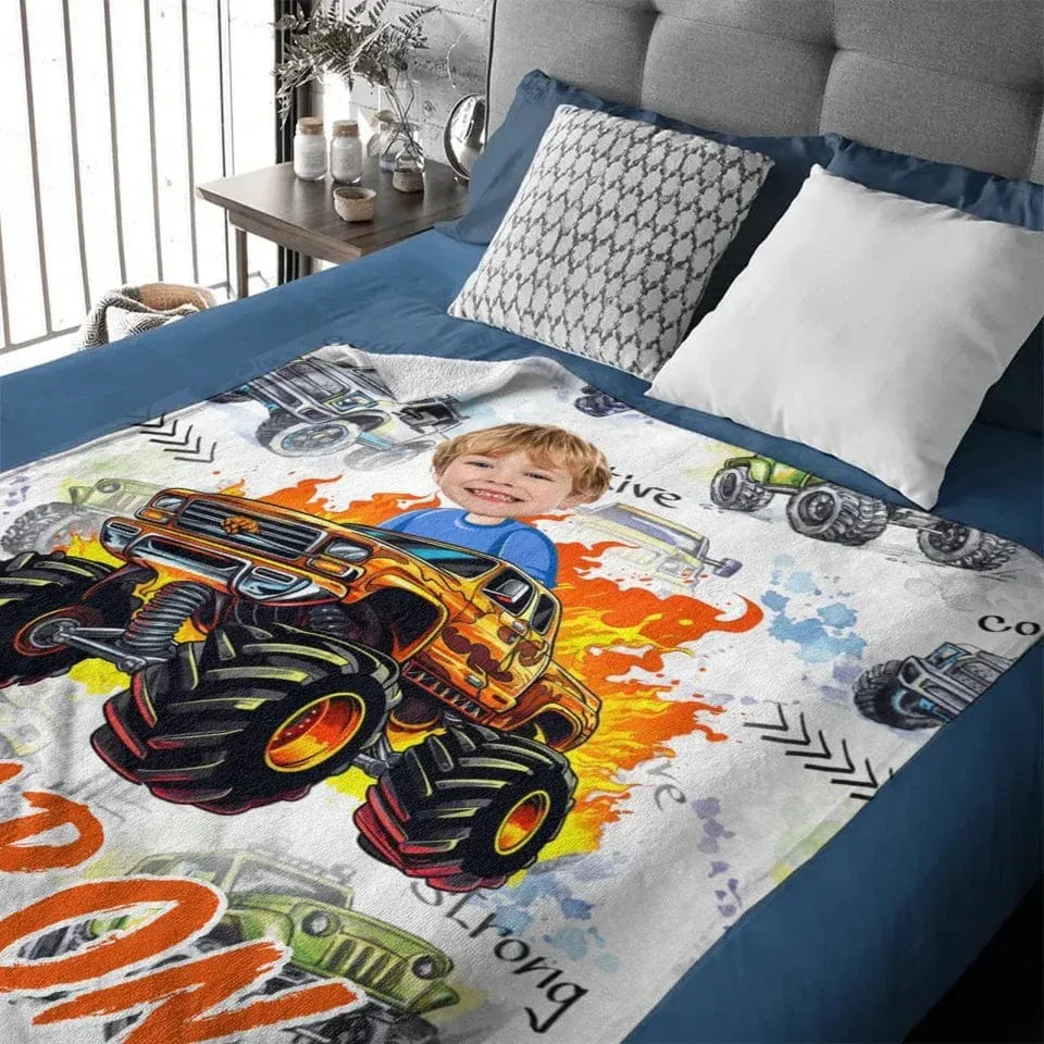 Flame Truck - Customized Name Face Kids Blanket - Gift for Kids - Joliny