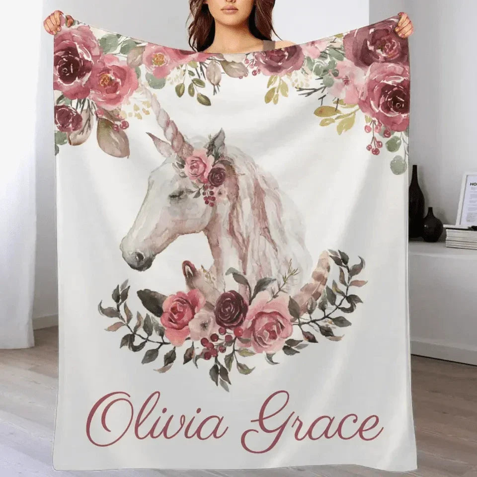 Floral Bohemian Custom Named Unicorn Blanket, Pink Floral Baby Girl Blanket - Joliny