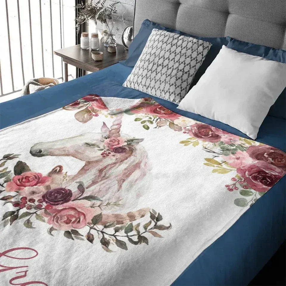 Floral Bohemian Custom Named Unicorn Blanket, Pink Floral Baby Girl Blanket - Joliny