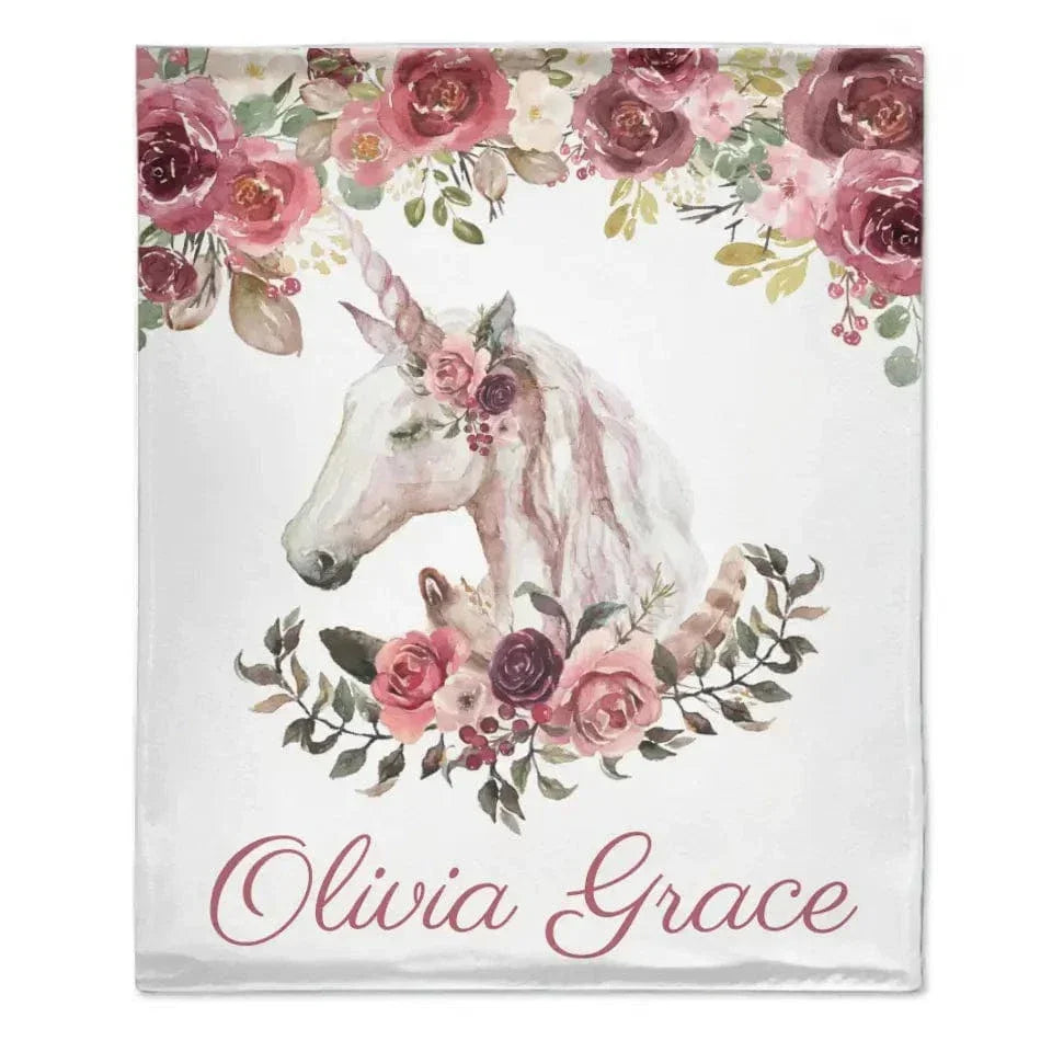 Floral Bohemian Custom Named Unicorn Blanket, Pink Floral Baby Girl Blanket - Joliny