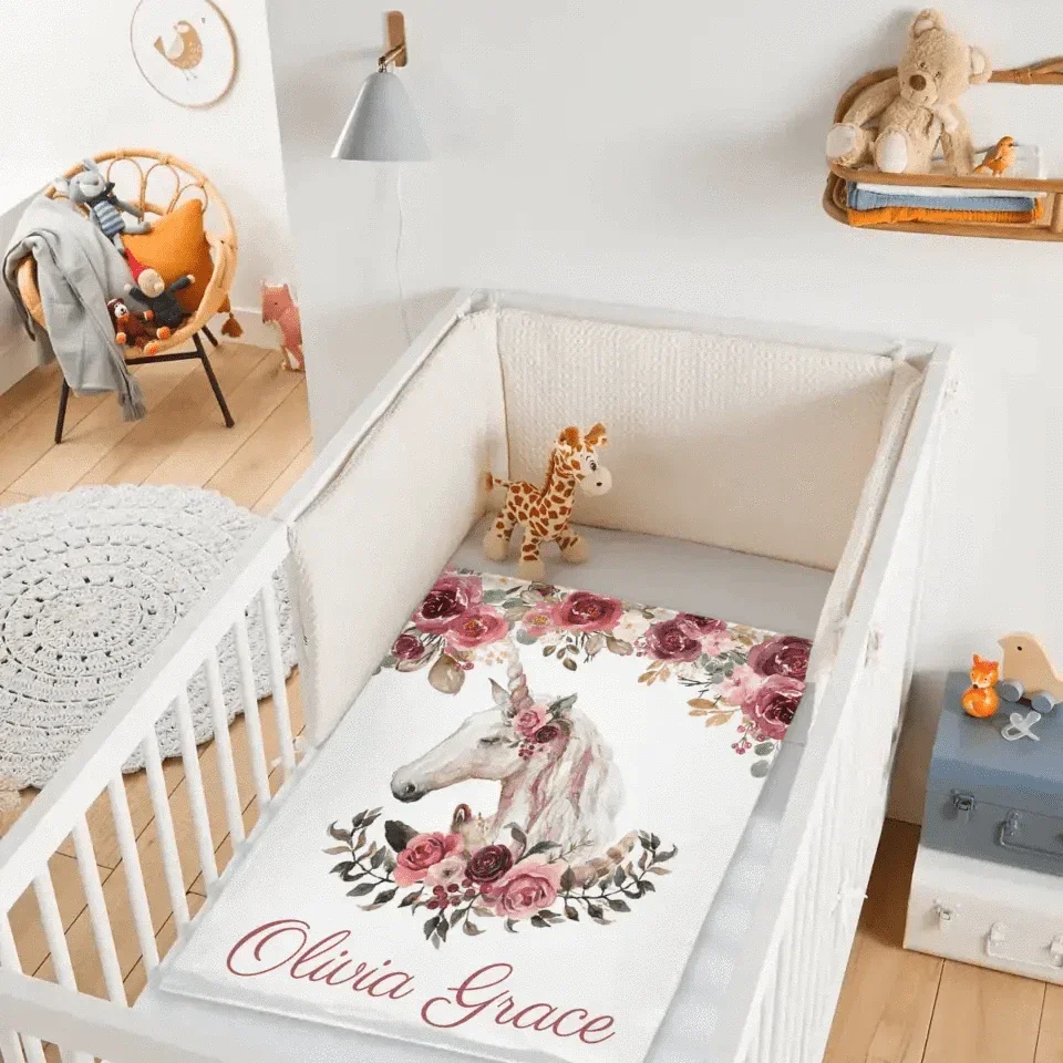 Floral Bohemian Custom Named Unicorn Blanket, Pink Floral Baby Girl Blanket - Joliny