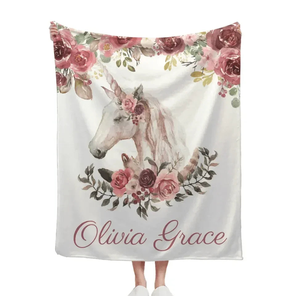 Floral Bohemian Custom Named Unicorn Blanket, Pink Floral Baby Girl Blanket - Joliny