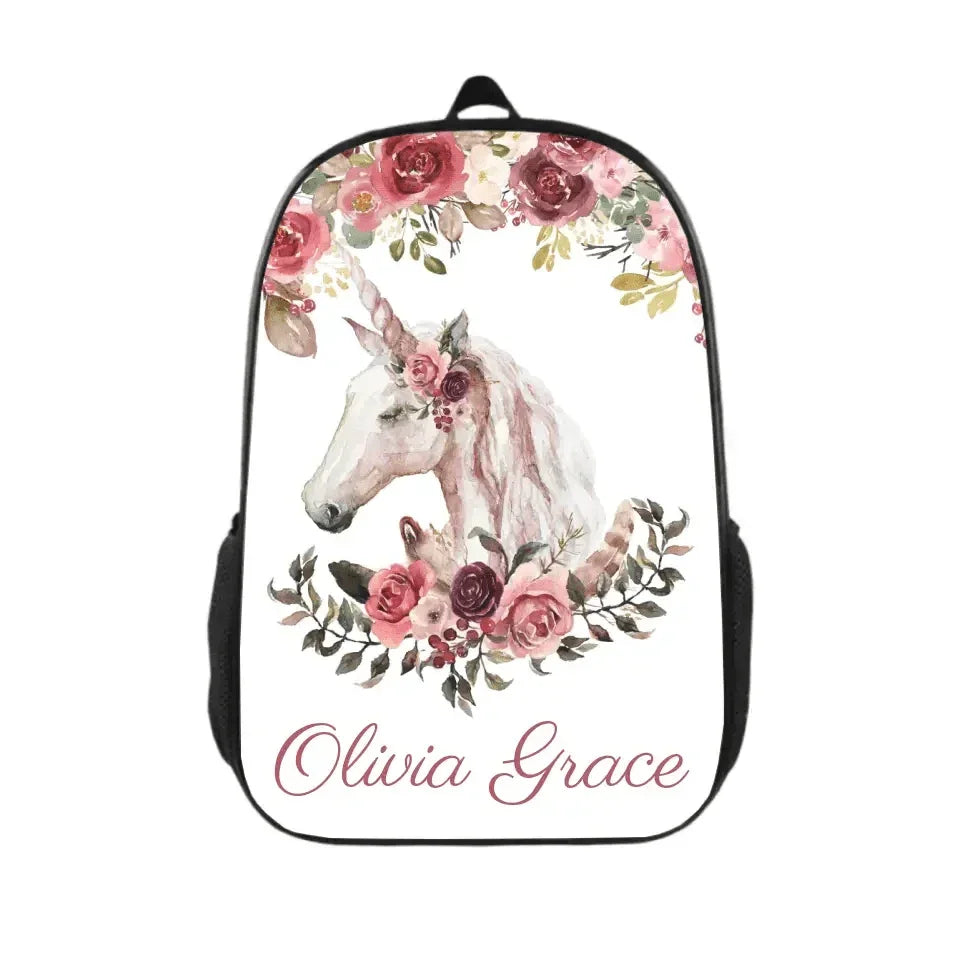Floral Bohemian Custom Named Unicorn Book Bag, Pink Floral Girl Gift - Joliny