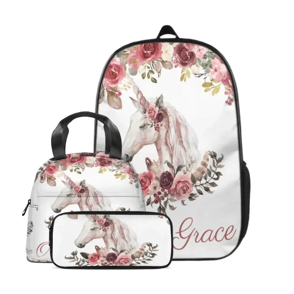 Floral Bohemian Custom Named Unicorn Book Bag, Pink Floral Girl Gift - Joliny