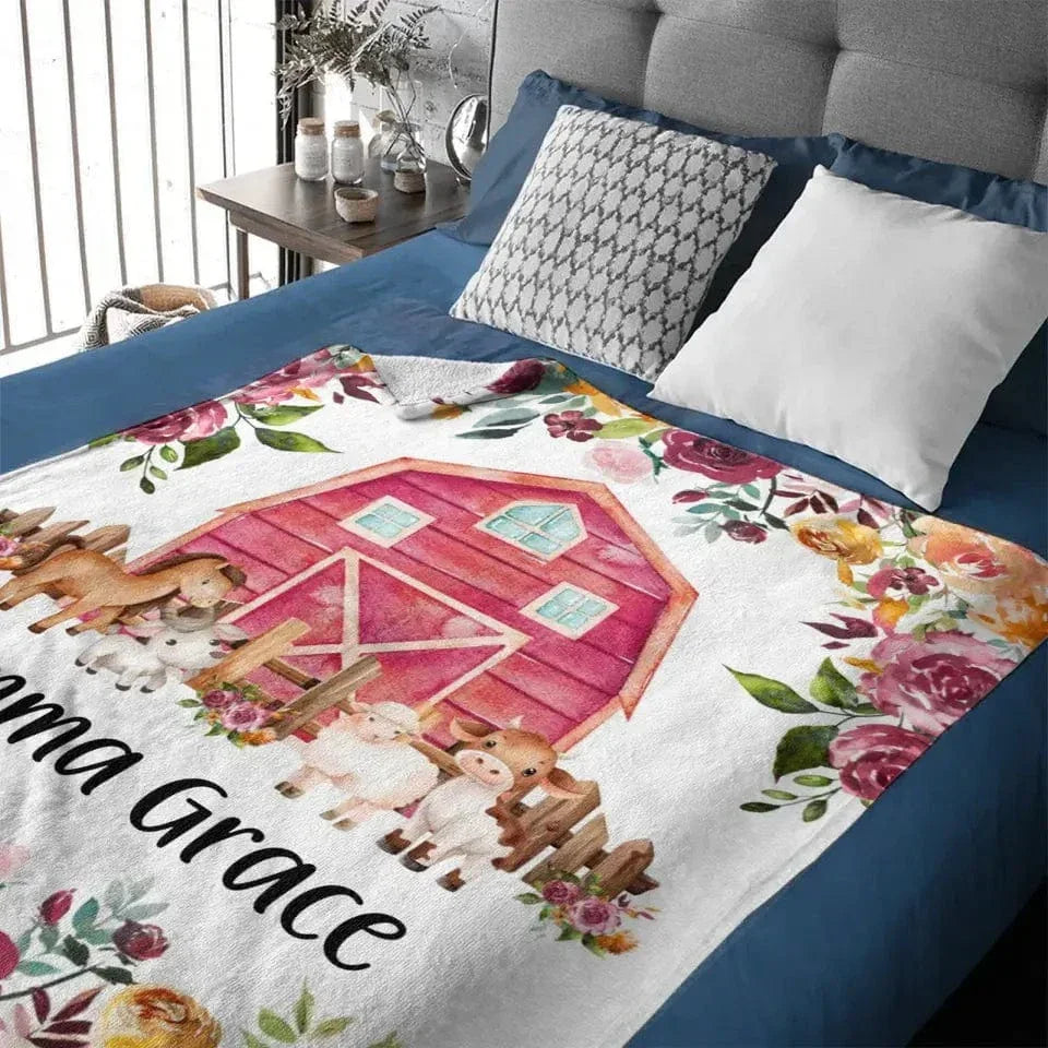 Floral Girl Farm Animal Blanket, Personalized Baby Girl Name Custom Blanket - Joliny