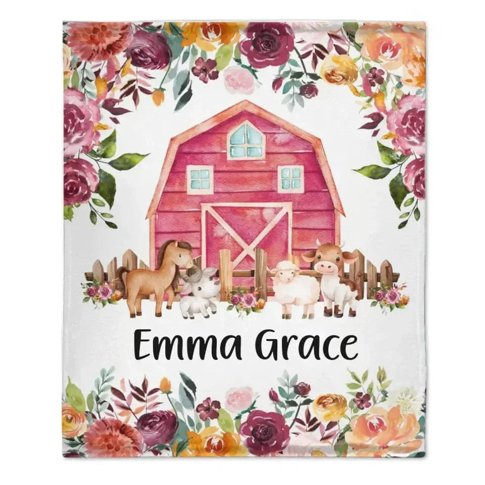 Floral Girl Farm Animal Blanket, Personalized Baby Girl Name Custom Blanket - Joliny