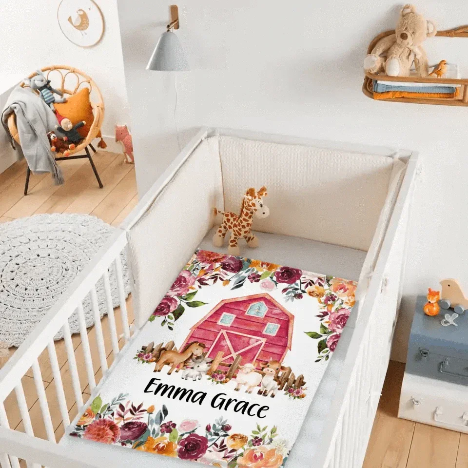Floral Girl Farm Animal Blanket, Personalized Baby Girl Name Custom Blanket - Joliny