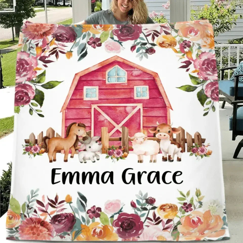 Floral Girl Farm Animal Blanket, Personalized Baby Girl Name Custom Blanket - Joliny