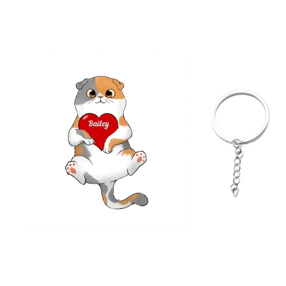 Fluffy Cat Holding Heart Personalized Acrylic Keychain - Joliny