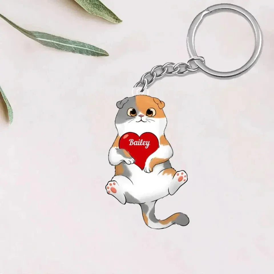Fluffy Cat Holding Heart Personalized Acrylic Keychain - Joliny