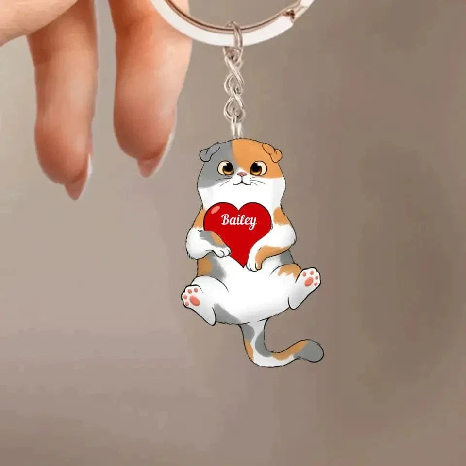 Fluffy Cat Holding Heart Personalized Acrylic Keychain - Joliny