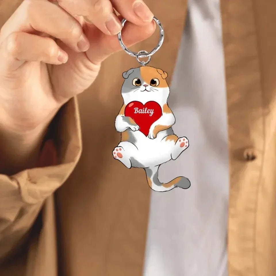 Fluffy Cat Holding Heart Personalized Acrylic Keychain - Joliny