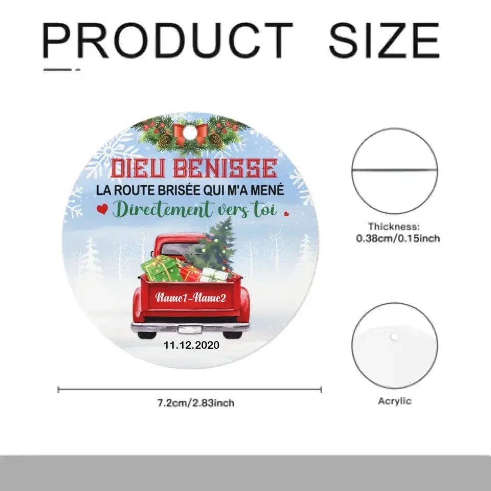 French Love Couple Red Truck Christmas Circle Ornament - Joliny