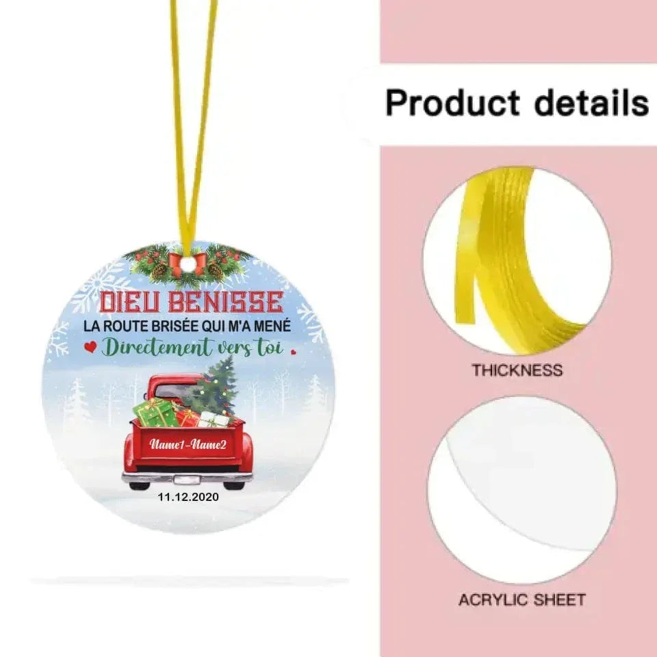 French Love Couple Red Truck Christmas Circle Ornament - Joliny