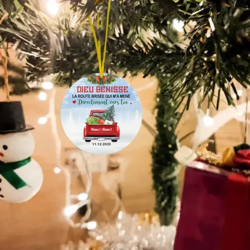 French Love Couple Red Truck Christmas Circle Ornament - Joliny