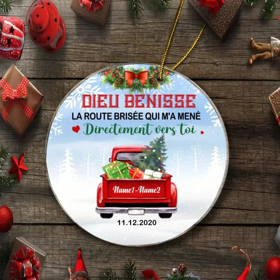 French Love Couple Red Truck Christmas Circle Ornament - Joliny