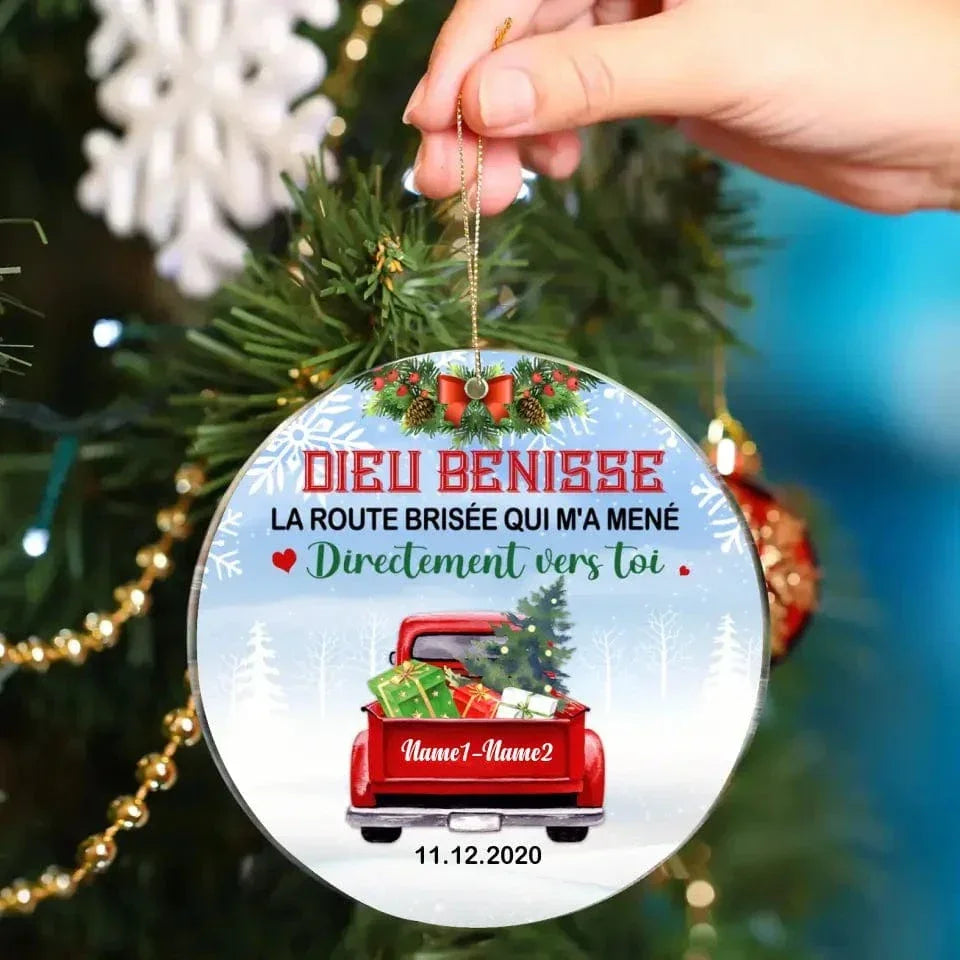 French Love Couple Red Truck Christmas Circle Ornament - Joliny
