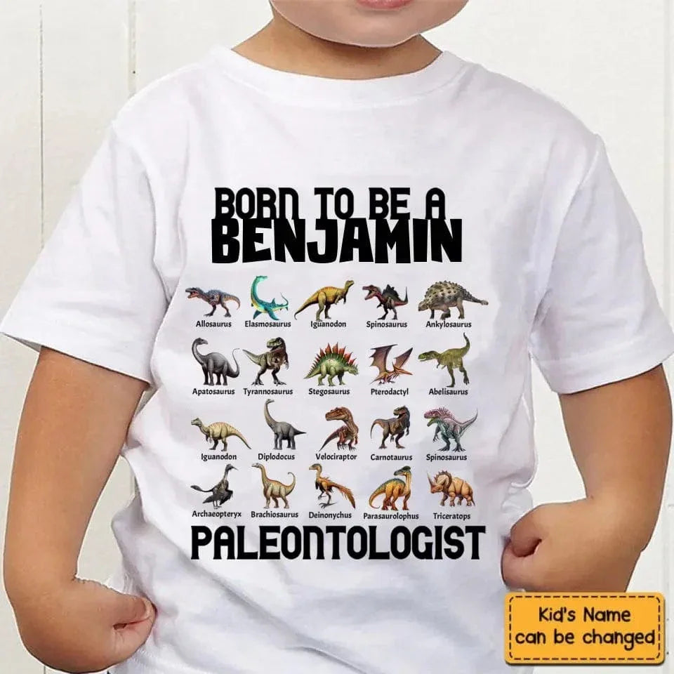 Gift For Grandson/Granddaughter Born To Be A Paleontologist - Personalized Name Dinosaur Kids T-Shirt - Joliny