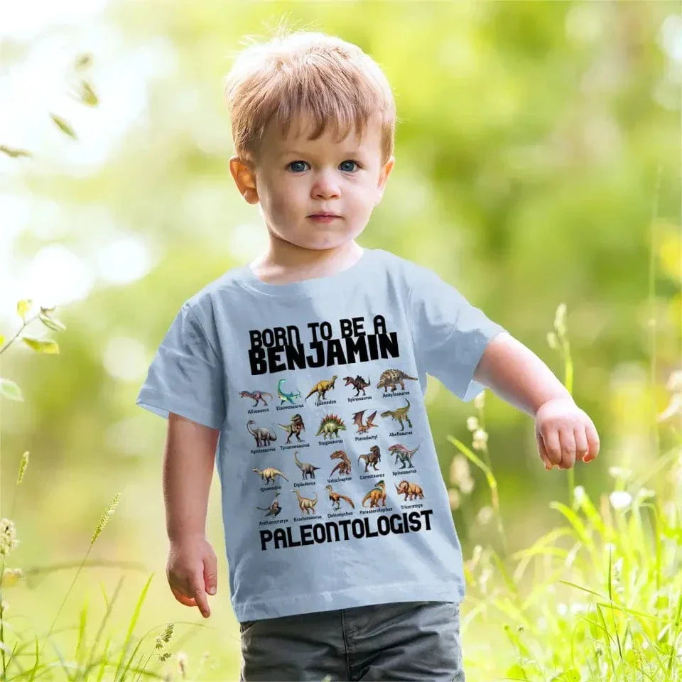 Gift For Grandson/Granddaughter Born To Be A Paleontologist - Personalized Name Dinosaur Kids T-Shirt - Joliny