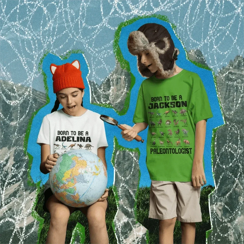 Gift For Grandson/Granddaughter Born To Be A Paleontologist - Personalized Name Dinosaur Kids T-Shirt - Joliny