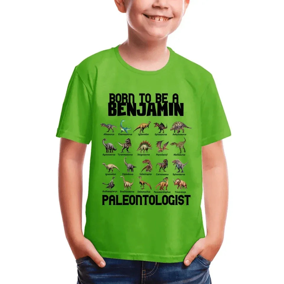 Gift For Grandson/Granddaughter Born To Be A Paleontologist - Personalized Name Dinosaur Kids T-Shirt - Joliny