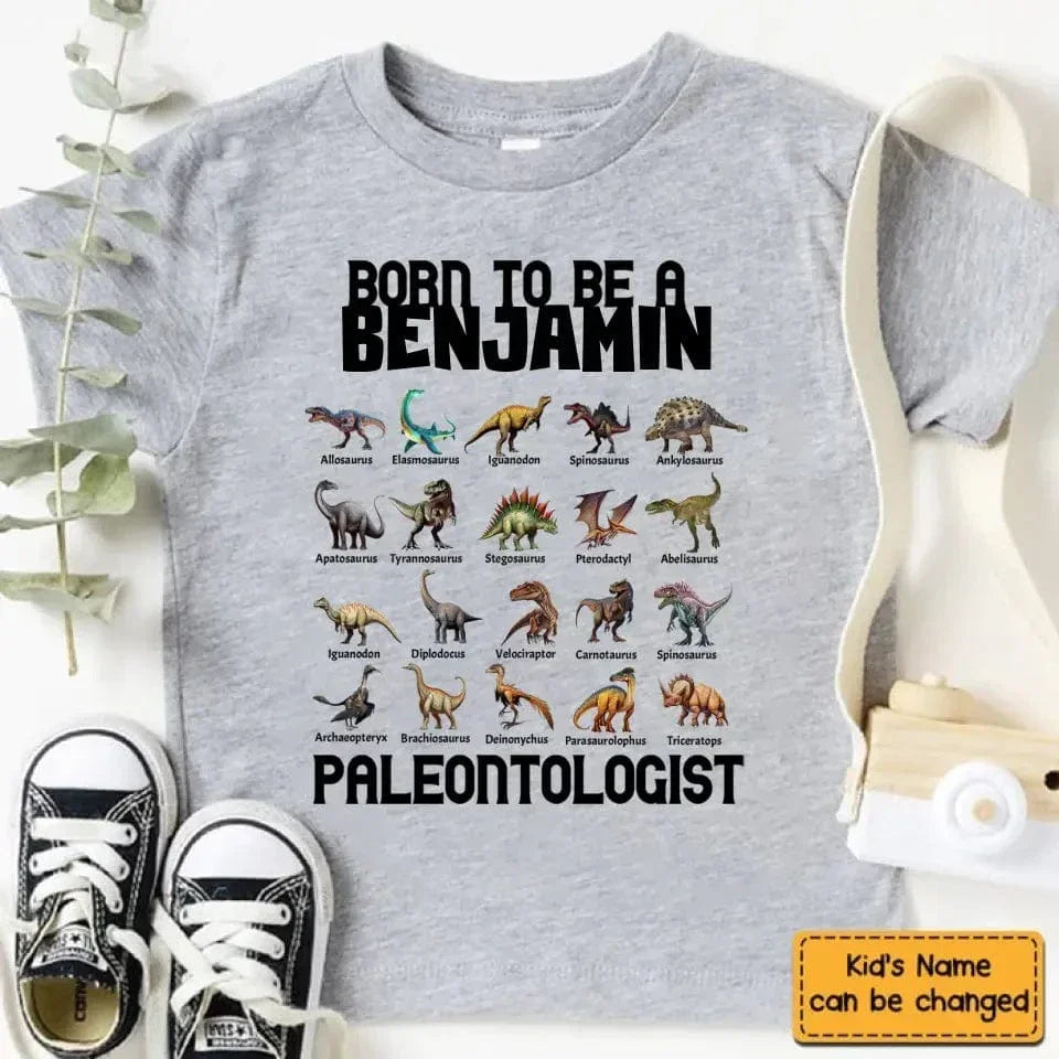 Gift For Grandson/Granddaughter Born To Be A Paleontologist - Personalized Name Dinosaur Kids T-Shirt - Joliny