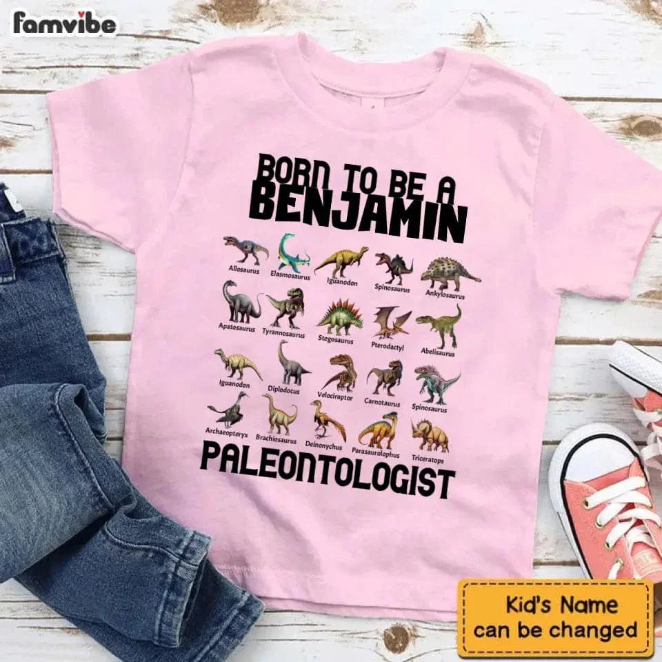 Gift For Grandson/Granddaughter Born To Be A Paleontologist - Personalized Name Dinosaur Kids T-Shirt - Joliny