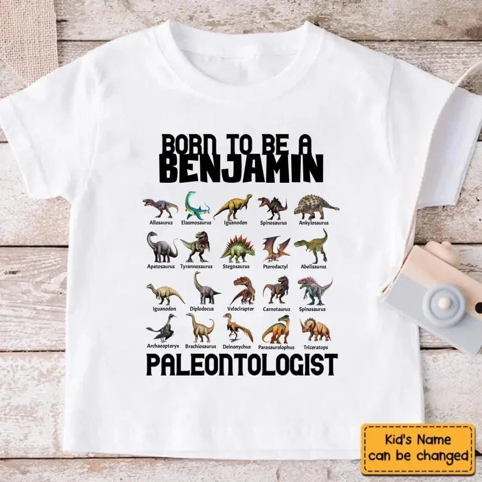 Gift For Grandson/Granddaughter Born To Be A Paleontologist - Personalized Name Dinosaur Kids T-Shirt - Joliny