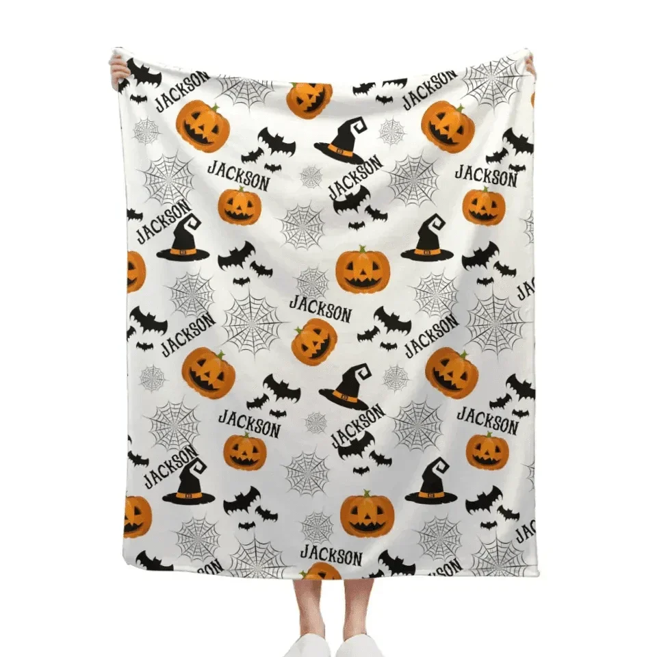 Haunted Halloween Blanket - Spider Webs Witch's Hat Black Bats and Decorated Pumpkins Print - Joliny