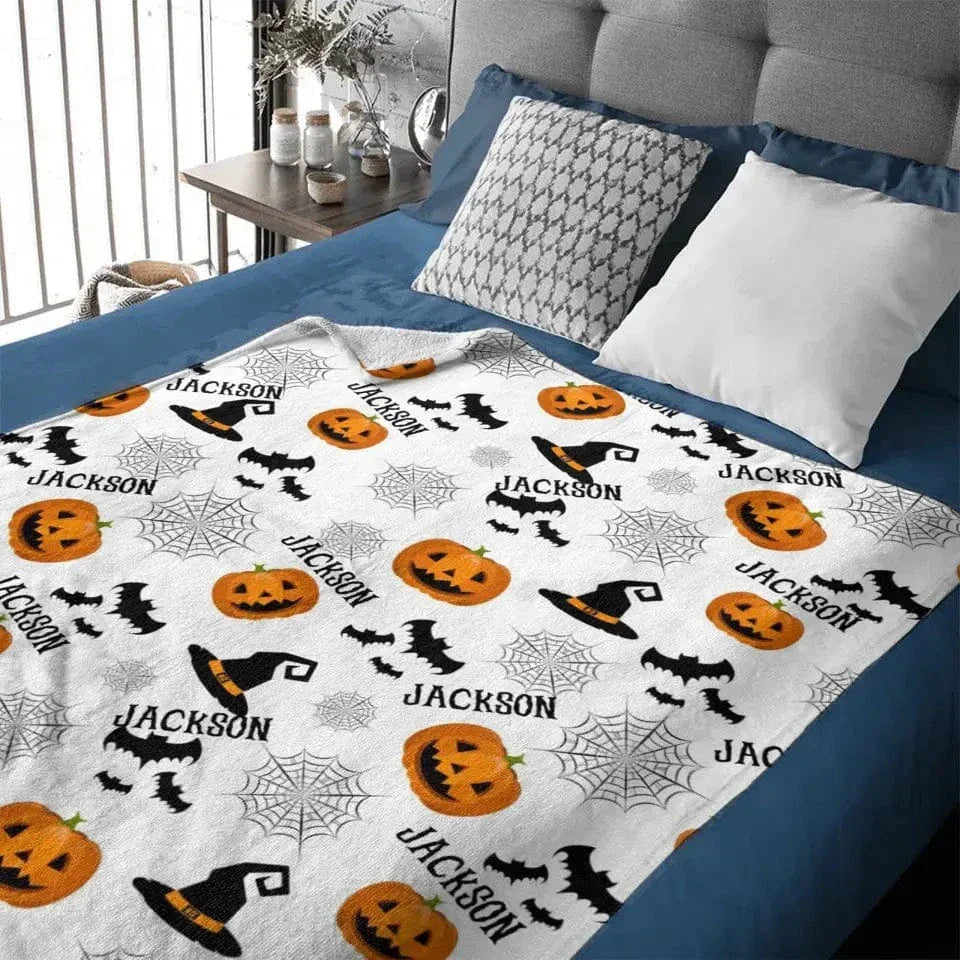 Haunted Halloween Blanket - Spider Webs Witch's Hat Black Bats and Decorated Pumpkins Print - Joliny