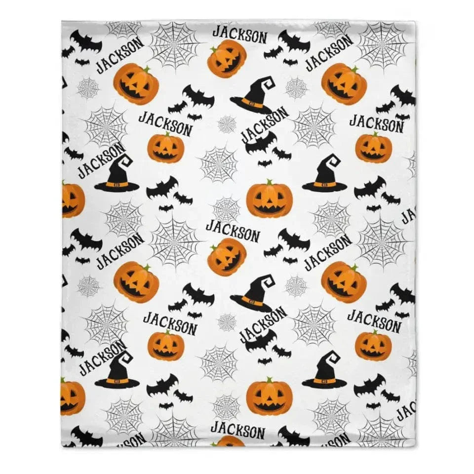 Haunted Halloween Blanket - Spider Webs Witch's Hat Black Bats and Decorated Pumpkins Print - Joliny