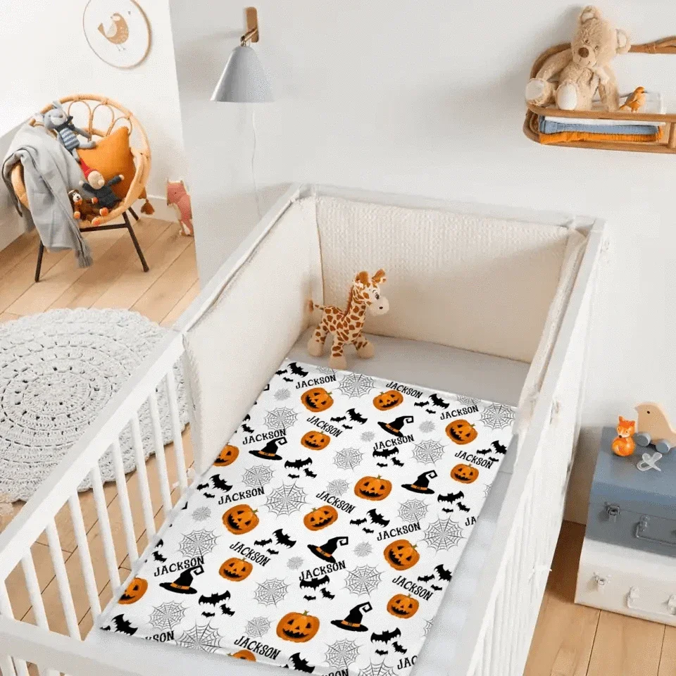 Haunted Halloween Blanket - Spider Webs Witch's Hat Black Bats and Decorated Pumpkins Print - Joliny