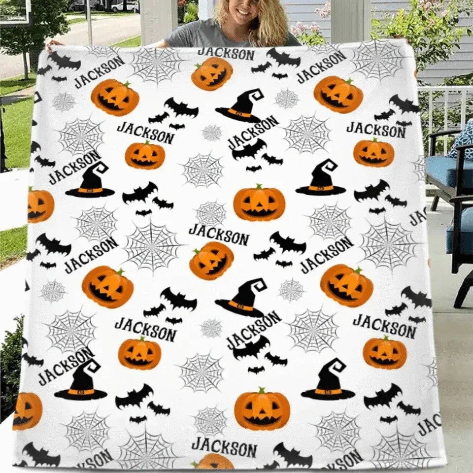 Haunted Halloween Blanket - Spider Webs Witch's Hat Black Bats and Decorated Pumpkins Print - Joliny