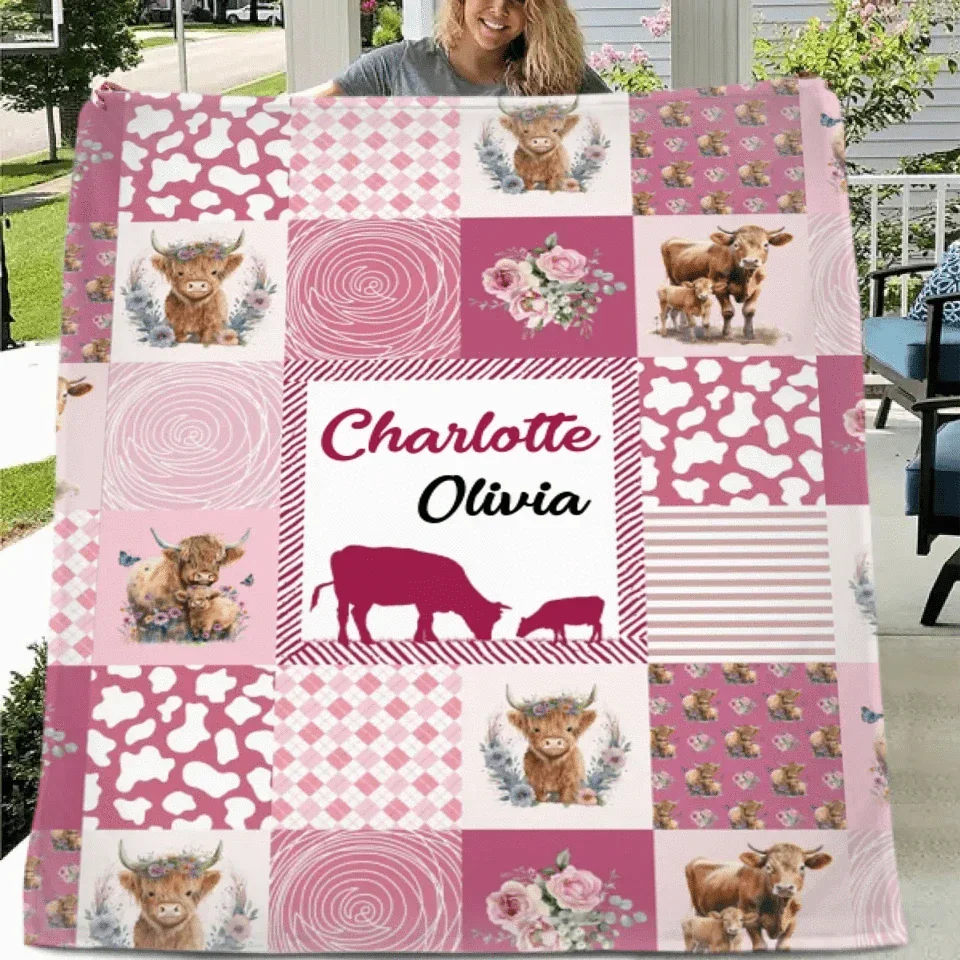 Highland Cow - Personalised Name Pinkish Purple Blanket - A Gift For Child - Joliny