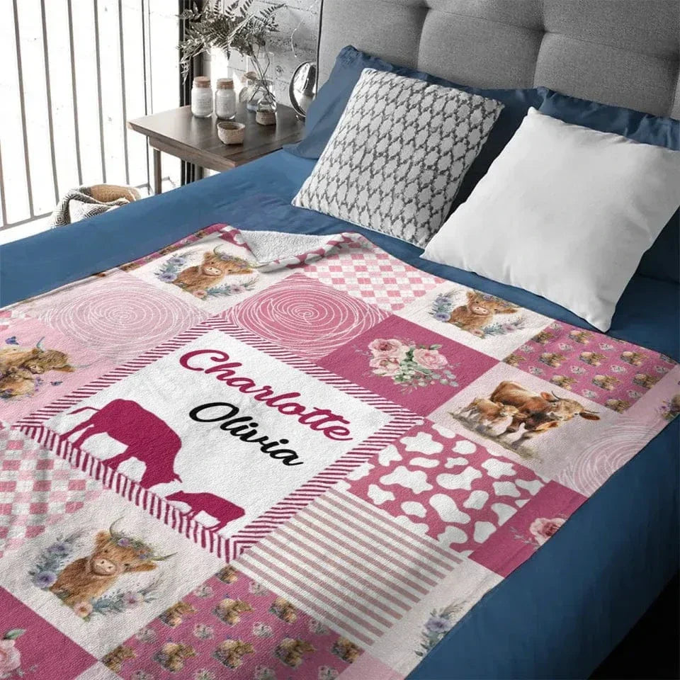 Highland Cow - Personalised Name Pinkish Purple Blanket - A Gift For Child - Joliny