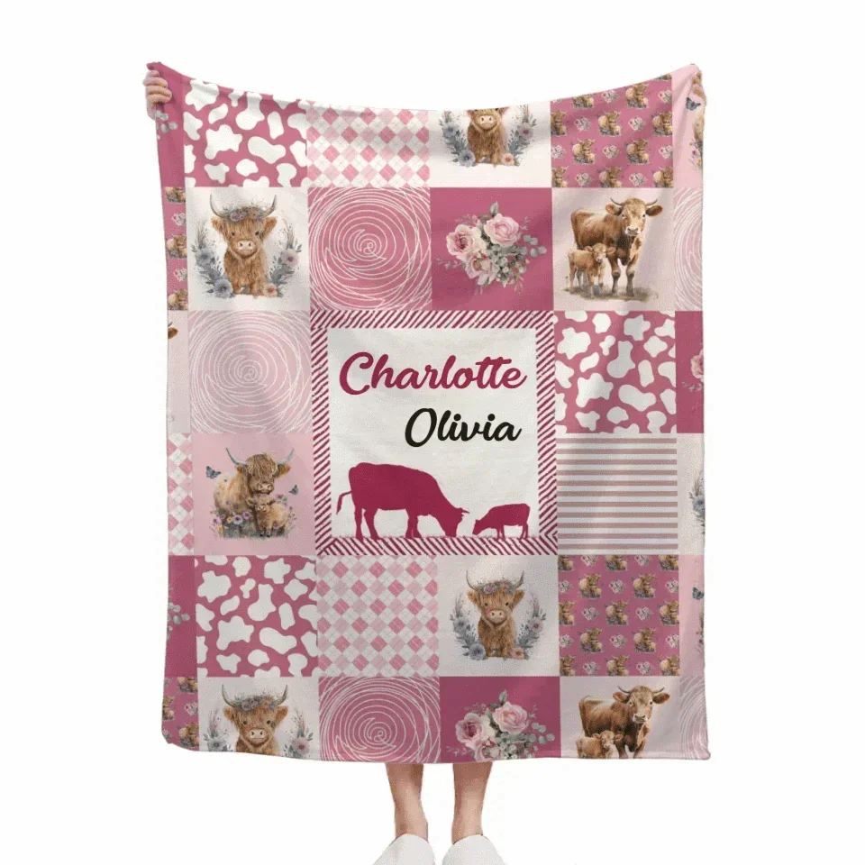 Highland Cow - Personalised Name Pinkish Purple Blanket - A Gift For Child - Joliny
