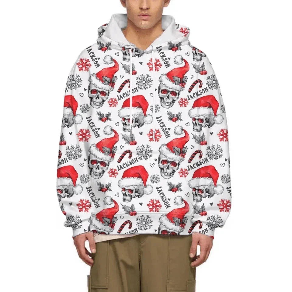 Christmas Themed Clothing - Skull Printed Clothing With Christmas Hat Personalized With Name - A Gift For Yourself,Family,Friend,Colleagues - Joliny
