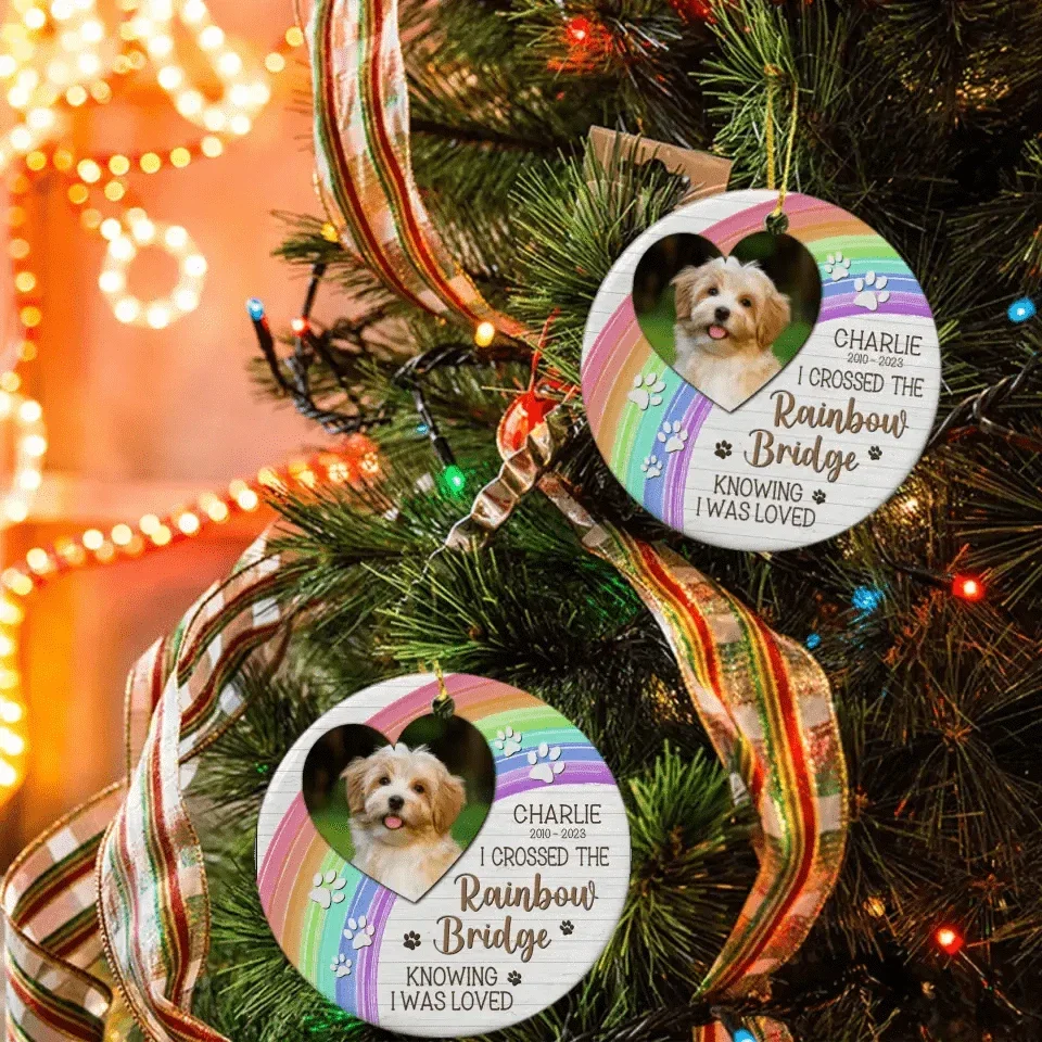 I Crossed The Rainbow Bridge - Memorial Personalized Custom Photo Ceramic Ornament - Joliny