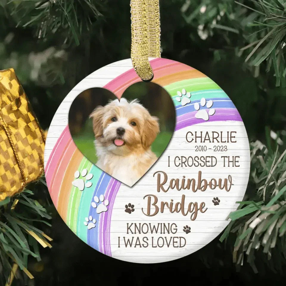 I Crossed The Rainbow Bridge - Memorial Personalized Custom Photo Ceramic Ornament - Joliny