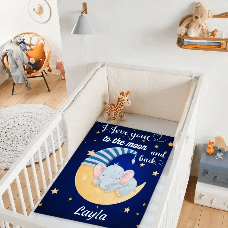 I Love You To The Moon And Back - Personalized Blue Name Blanket - Stars, Baby Elephant And Moon With Nightcap - Joliny