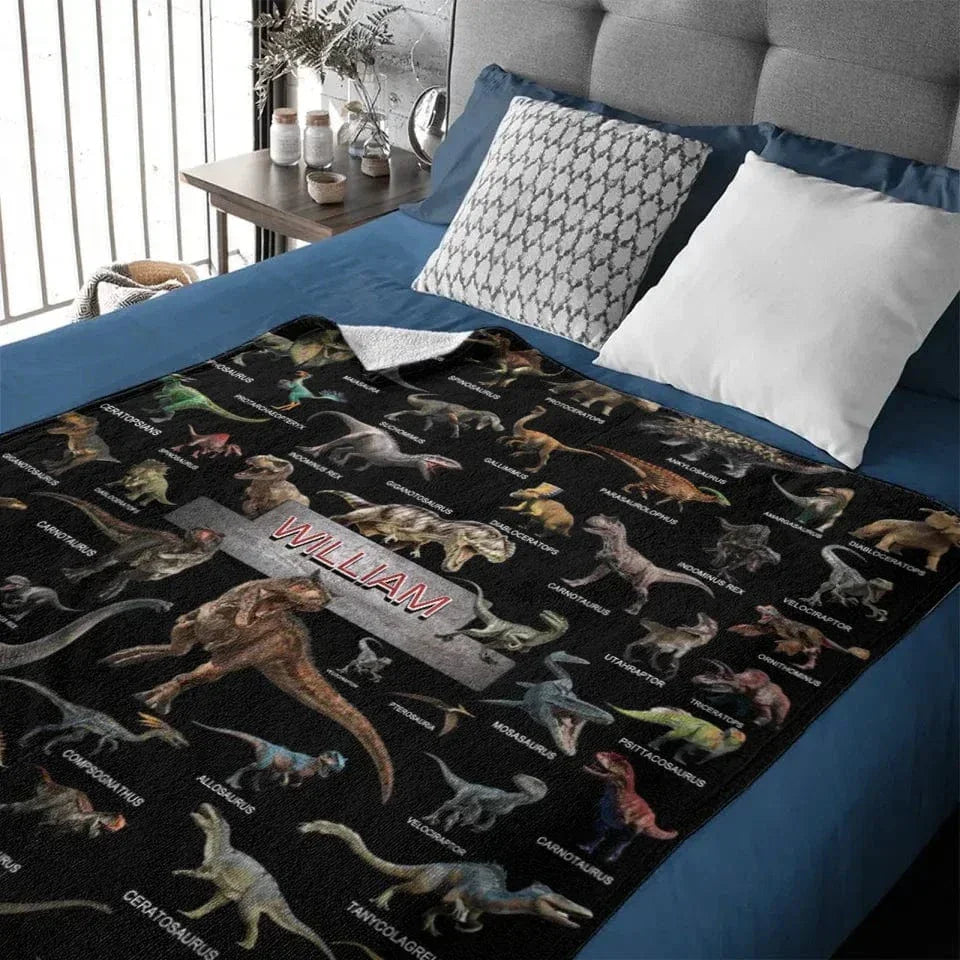 Jurassic Dinosaur Rally - Dinosaur Themed Personalised Name Blanket And Pillowcase- Gifts for Child,Friend,Dinosaur Fanatics - Joliny