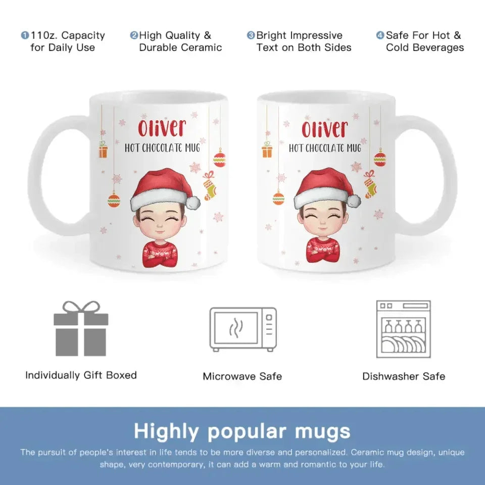 Kid Personalized Custom Hot Chocolate Mug, Cup - Christmas Gift For Kids - Joliny