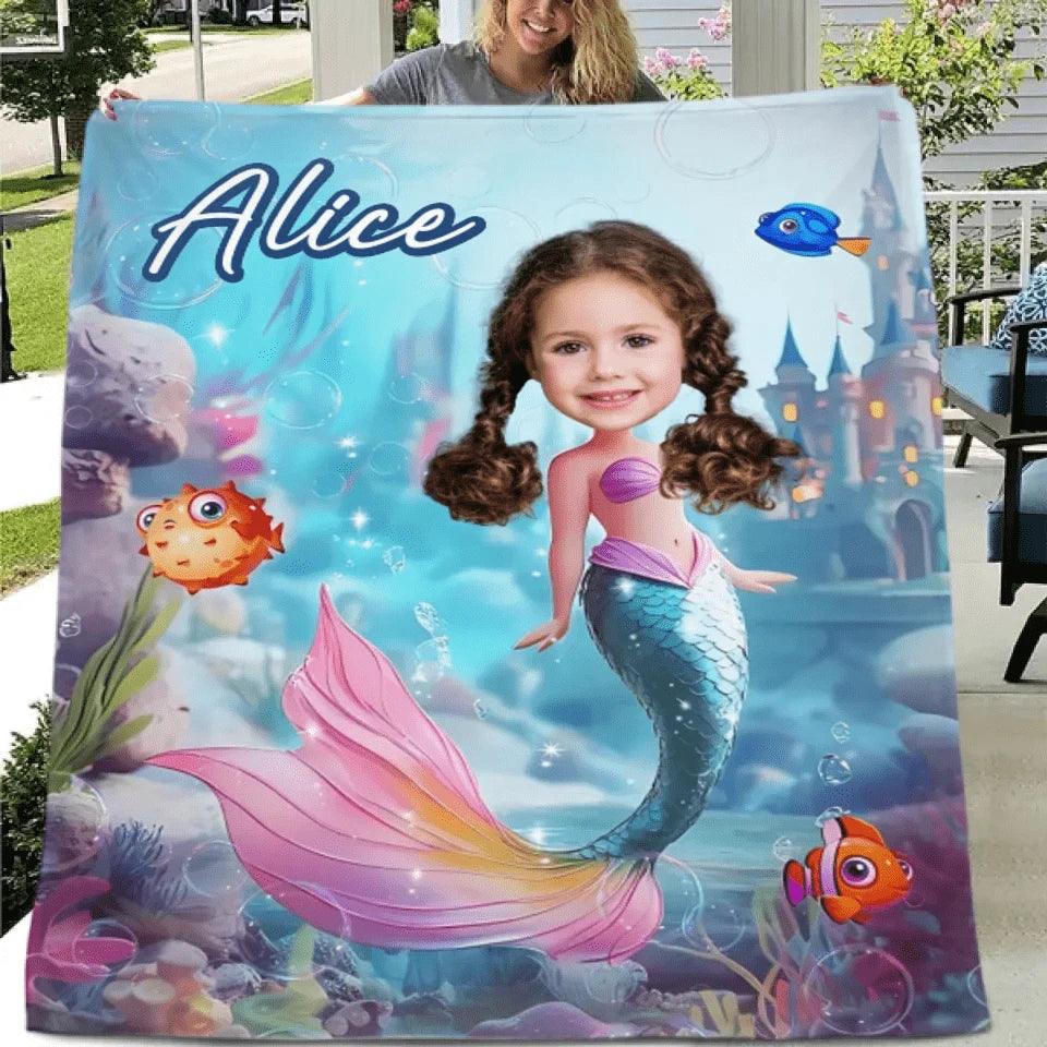 Mermaid Custom Blanket - Personalized Name and Photo Soft Flannel Blanket - A Gift For Daughters, Girls - Joliny