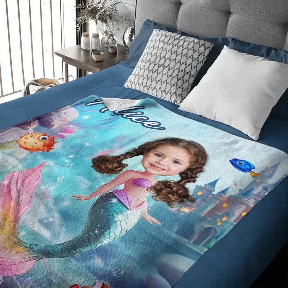Mermaid Custom Blanket - Personalized Name and Photo Soft Flannel Blanket - A Gift For Daughters, Girls - Joliny