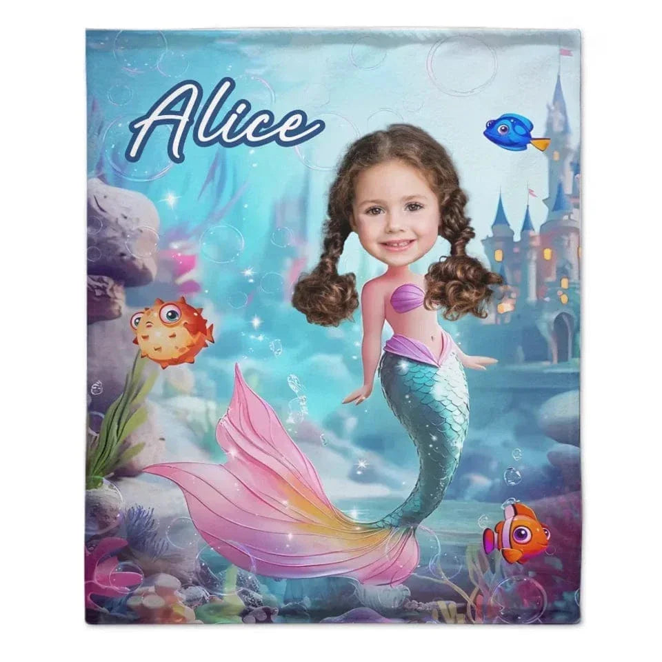 Mermaid Custom Blanket - Personalized Name and Photo Soft Flannel Blanket - A Gift For Daughters, Girls - Joliny
